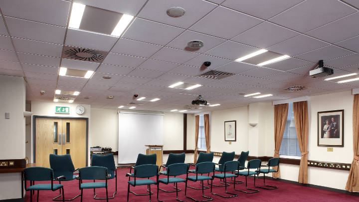 Conference room of Sedgemoor District Council lit by coreline recessed lights of Philips Lighting