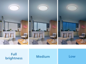 A sequence of three images show a ceiling light set to three different brightness levels: full brightness, medium, and low